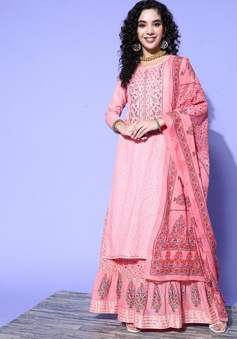 Pink Floral Print Embroidered Pure Cotton Kurta Set