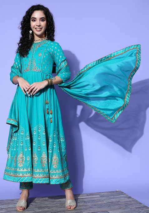 Turquoise Blue Zari Embroidered Rayon Kurta Set