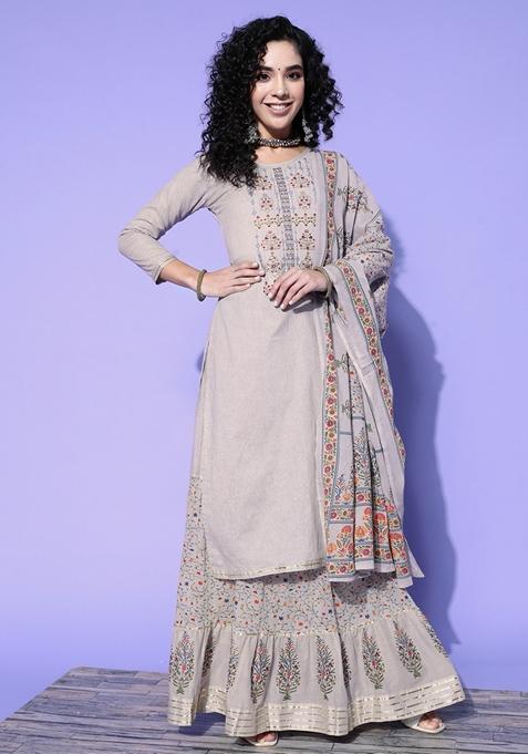 Grey Floral Print Embroidered Pure Cotton Kurta Set