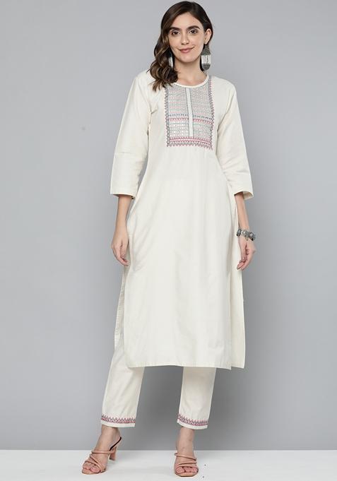 Off White Zari Sequin Embroidered Cotton Blend Kurta Set