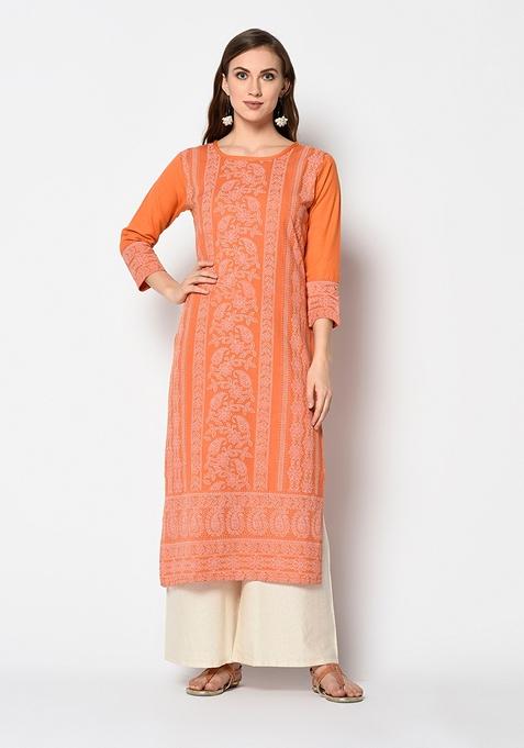 Orange Block Print Cotton Kurta