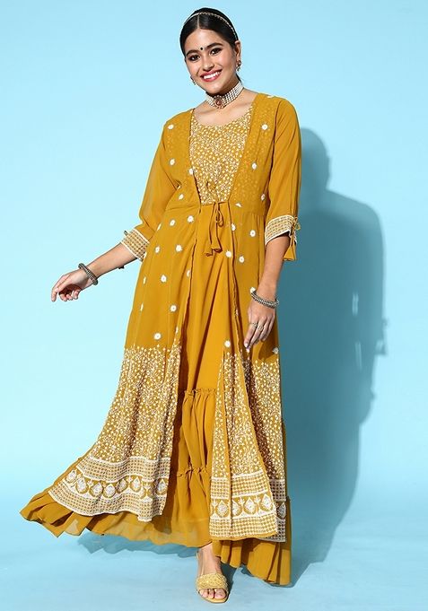 Mustard Sequin Embroidered Georgette Anarkali Gown With Jacket