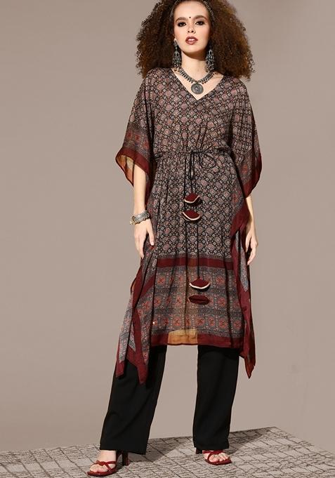 Maroon Floral Print Tassel Work Chinon Kurta