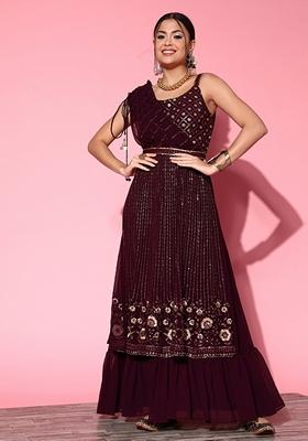 Wine Sequin Embroidered Georgette Sharara Set