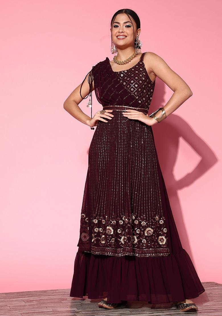 Wine Sequin Embroidered Georgette Sharara Set