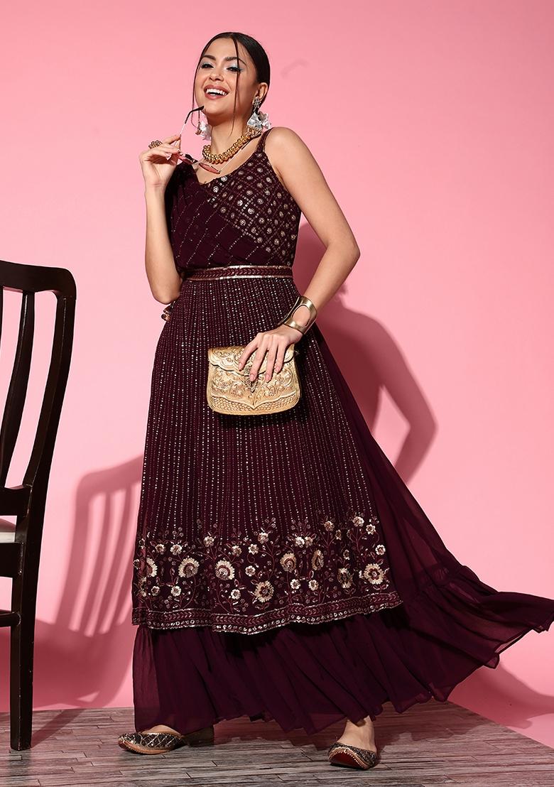 Wine Sequin Embroidered Georgette Sharara Set