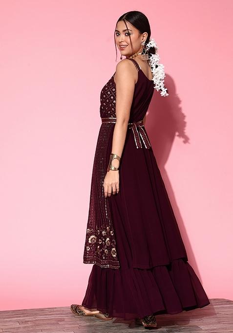 Wine Sequin Embroidered Georgette Sharara Set