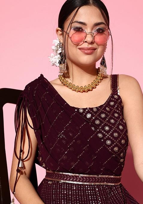 Wine Sequin Embroidered Georgette Sharara Set
