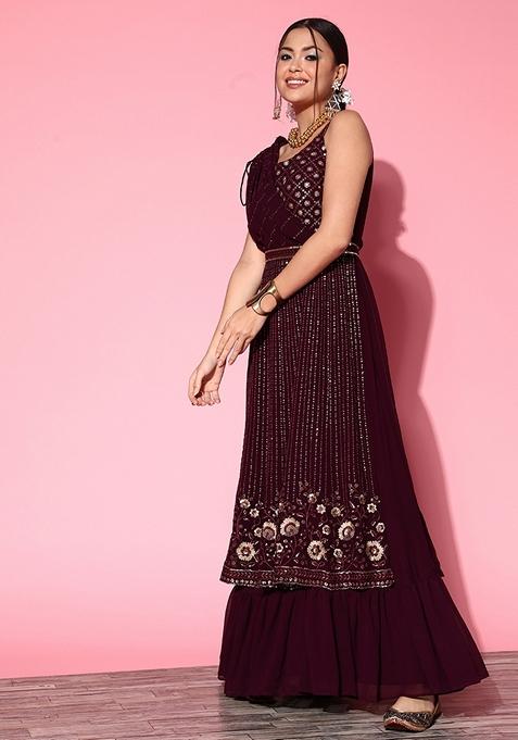 Wine Sequin Embroidered Georgette Sharara Set