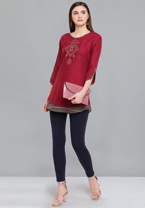 Maroon Embroidered Rayon Short Kurta