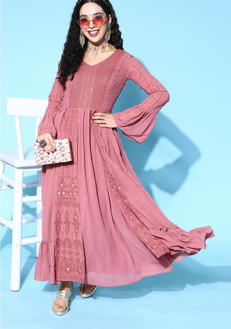 Pink Sequin Embroidered Georgette Kurta