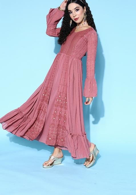 Pink Sequin Embroidered Georgette Kurta