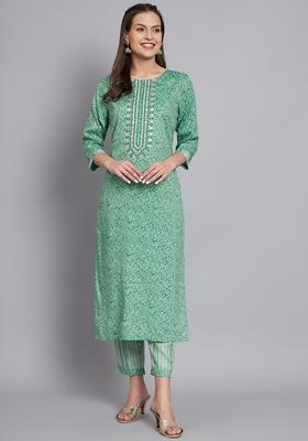 Green Printed Silk Cotton Kurta Set