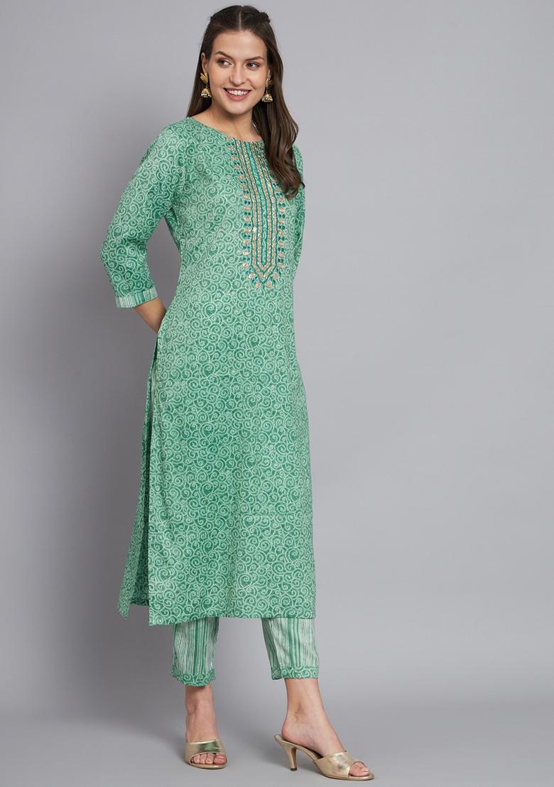 Green Printed Silk Cotton Kurta Set