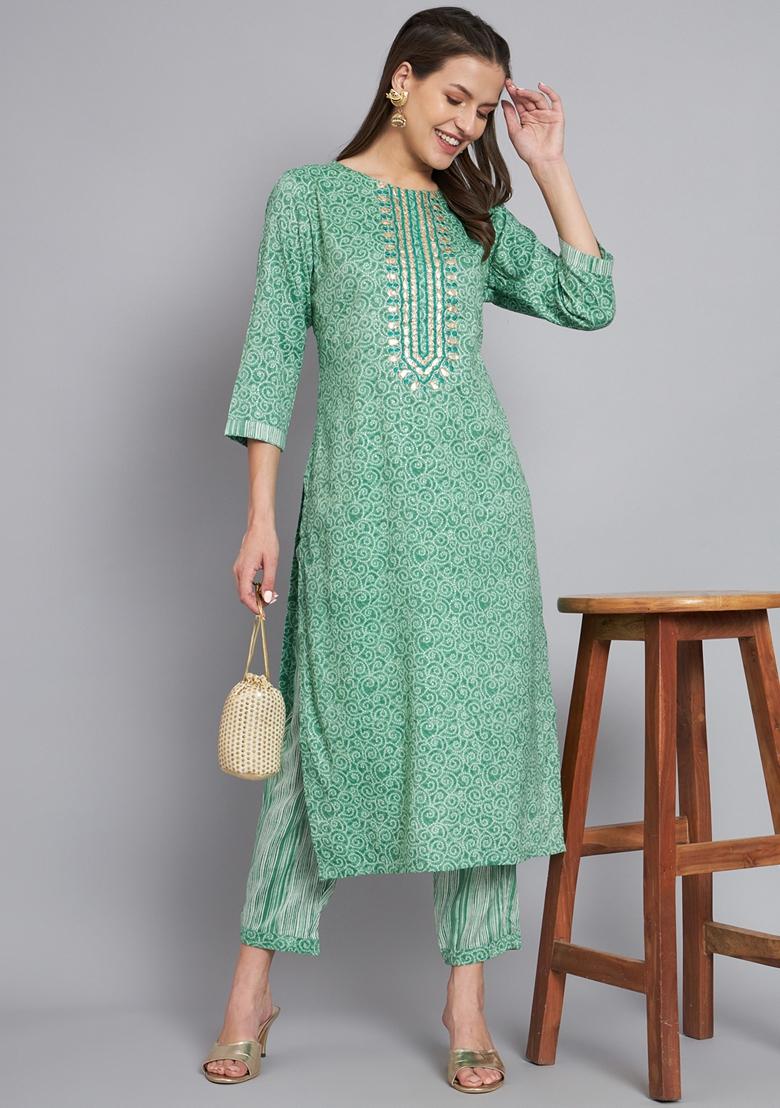 Green Printed Silk Cotton Kurta Set