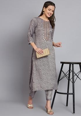 Grey Printed Silk Cotton Kurta Set