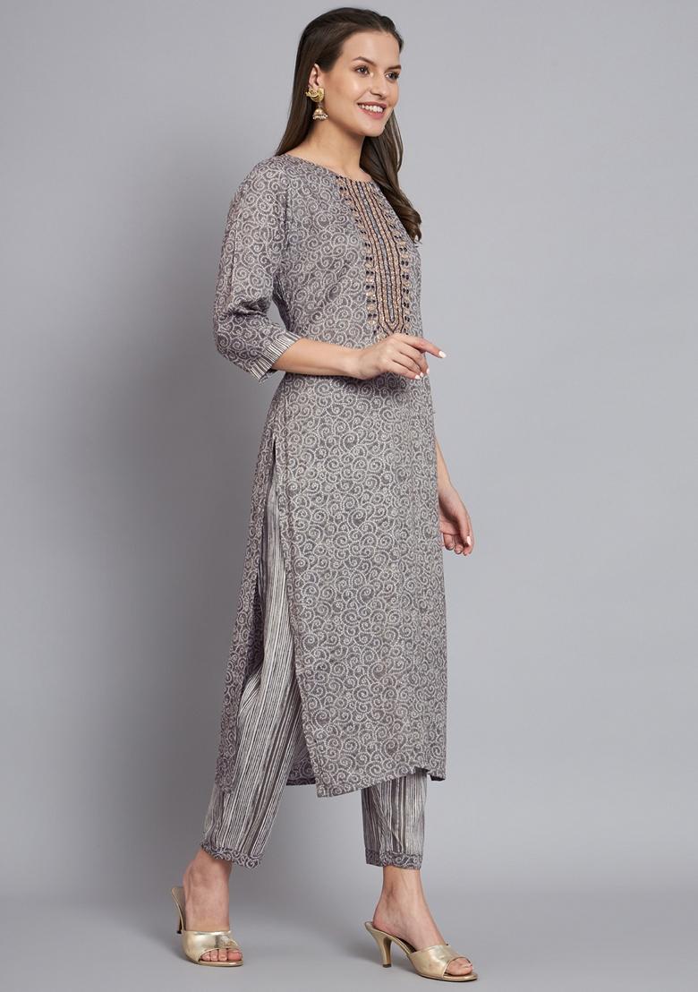 Grey Printed Silk Cotton Kurta Set
