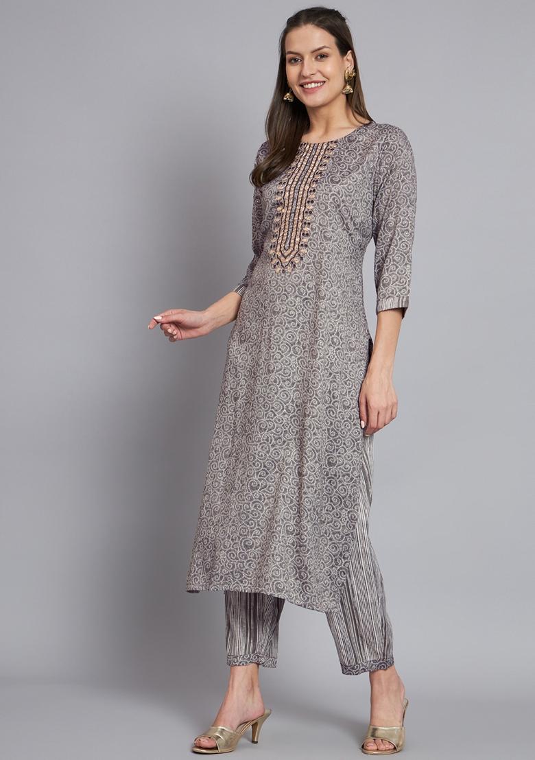 Grey Printed Silk Cotton Kurta Set