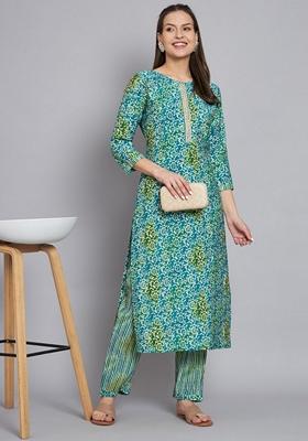 Green Printed Silk Cotton Kurta Set