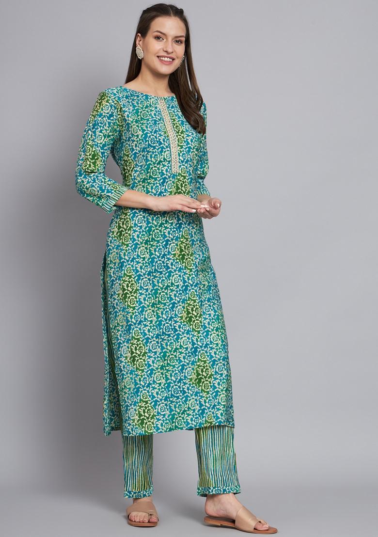 Green Printed Silk Cotton Kurta Set