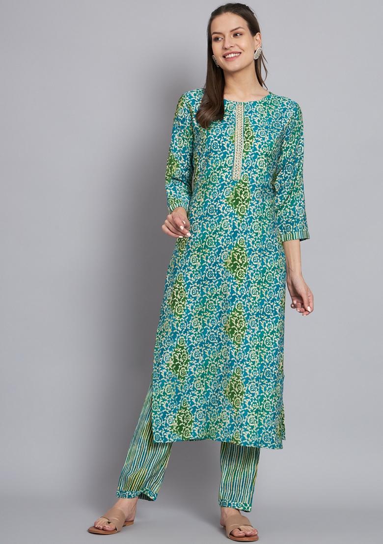 Green Printed Silk Cotton Kurta Set