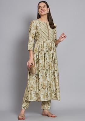 Olive Printed Silk Cotton Kurta Set