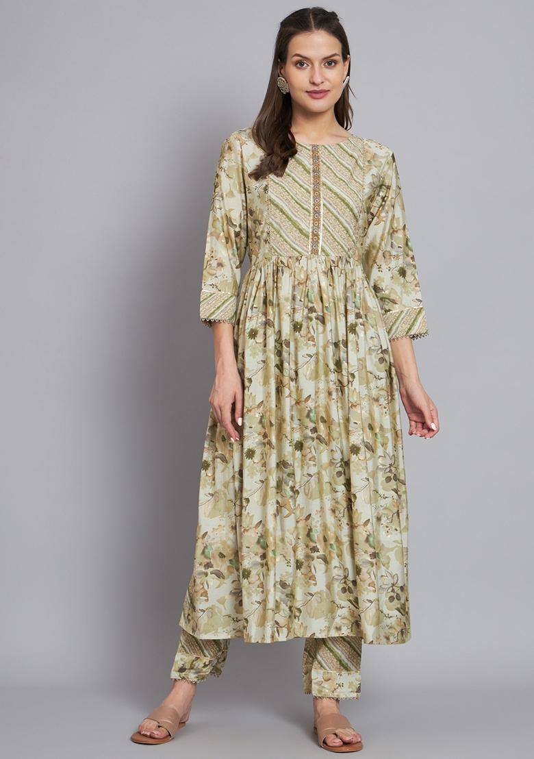 Olive Printed Silk Cotton Kurta Set