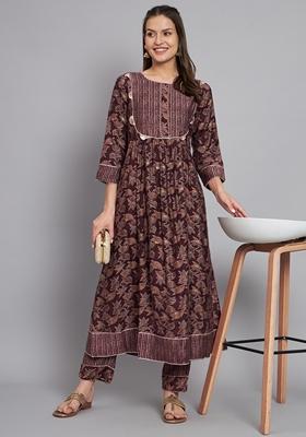 Wine Printed Silk Cotton Kurta Set