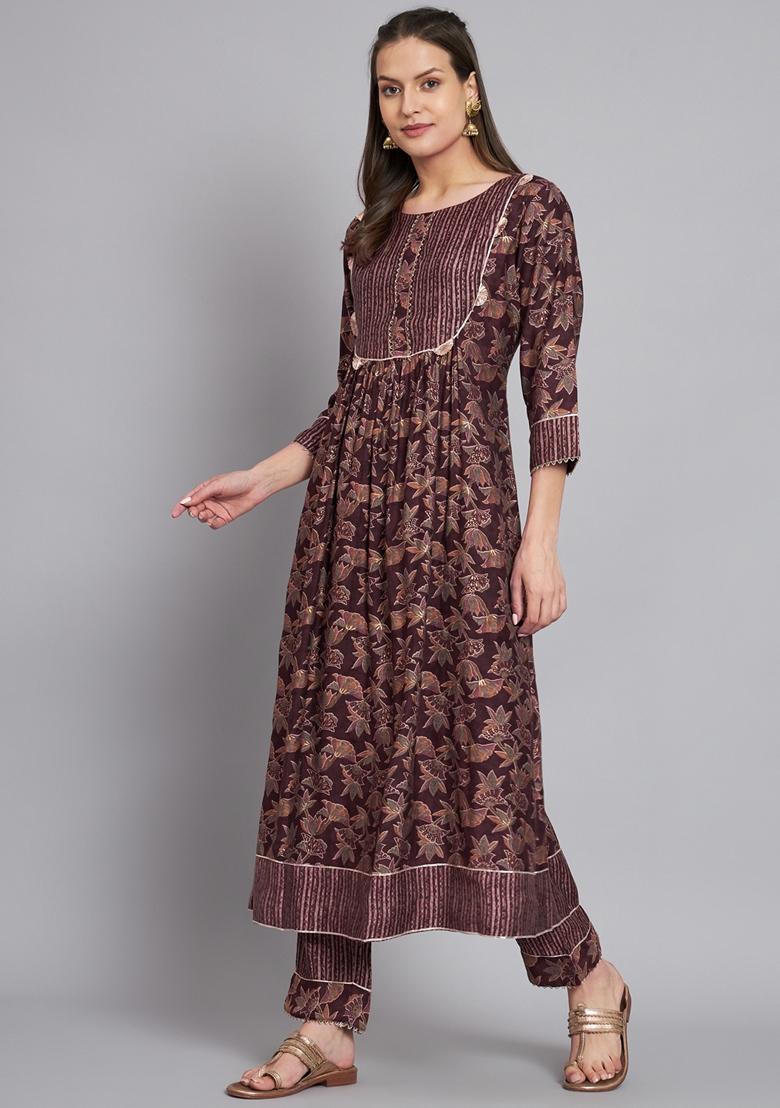 Wine Printed Silk Cotton Kurta Set