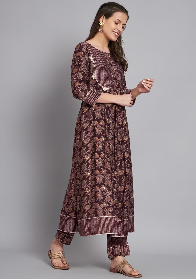 Wine Printed Silk Cotton Kurta Set