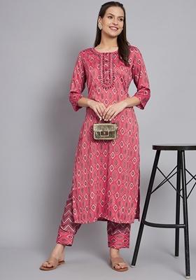 Pink Printed Silk Cotton Kurta Set