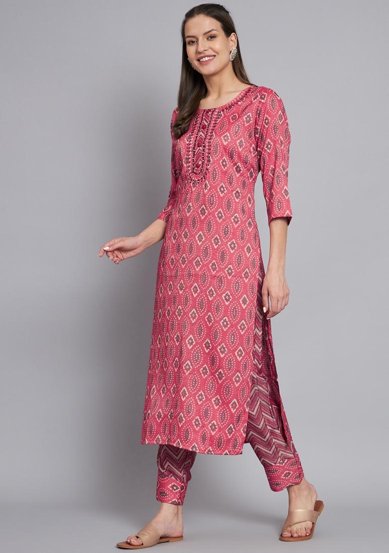 Pink Printed Silk Cotton Kurta Set