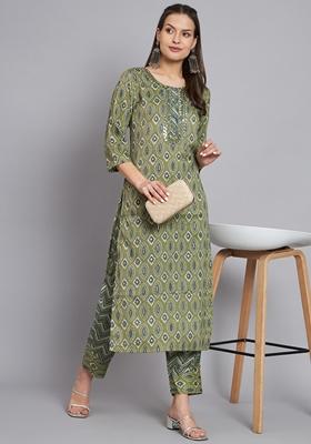Green Printed Silk Cotton Kurta Set