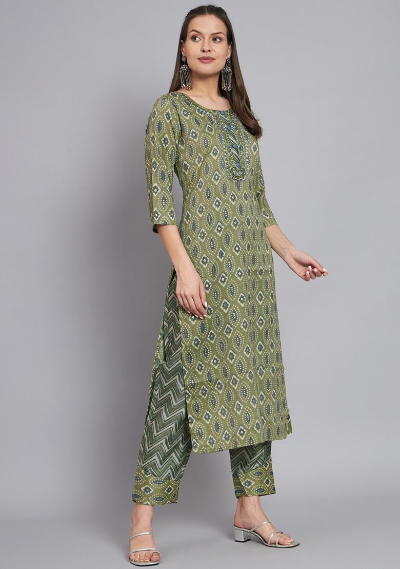 Green Printed Silk Cotton Kurta Set