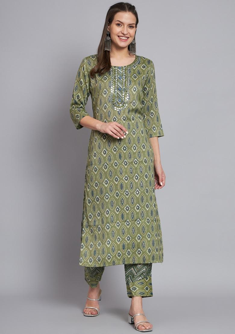 Green Printed Silk Cotton Kurta Set