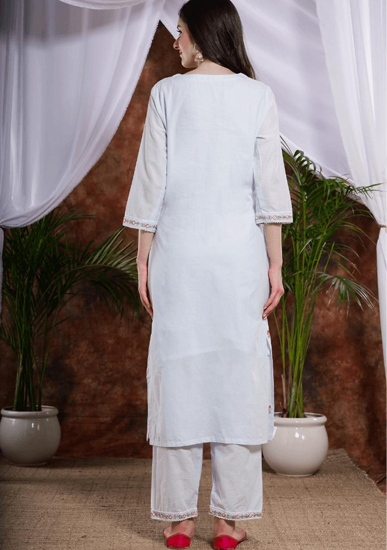 Sea Blue Embroidered Pure Cotton Kurta Set