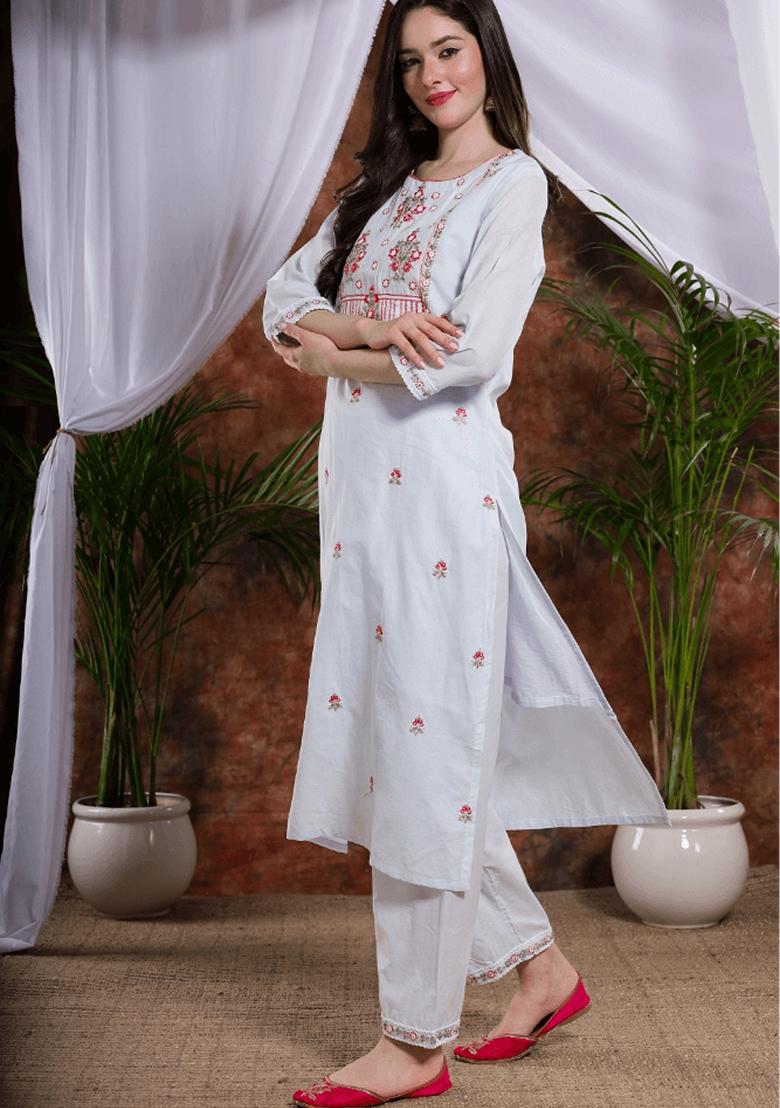 Sea Blue Embroidered Pure Cotton Kurta Set
