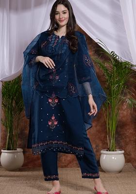 Turquoise Blue Embroidered Silk Cotton Kurta Set