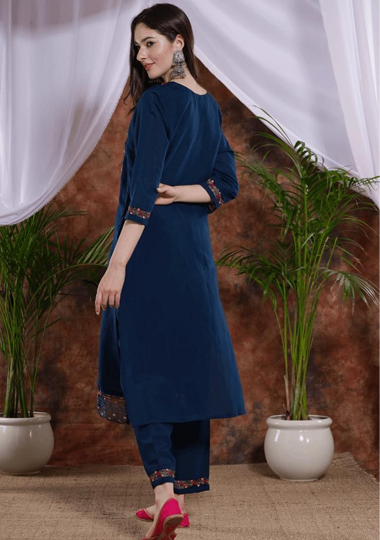 Turquoise Blue Embroidered Silk Cotton Kurta Set
