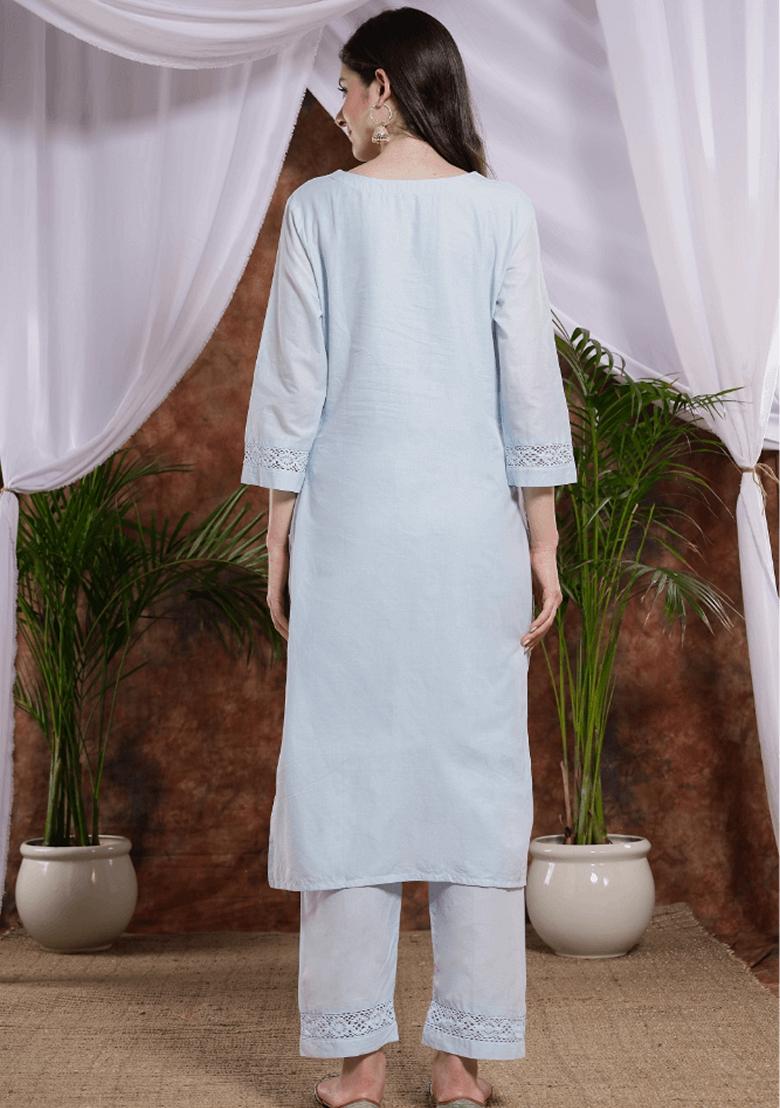 Sea Blue Embroidered Pure Cotton Kurta Set