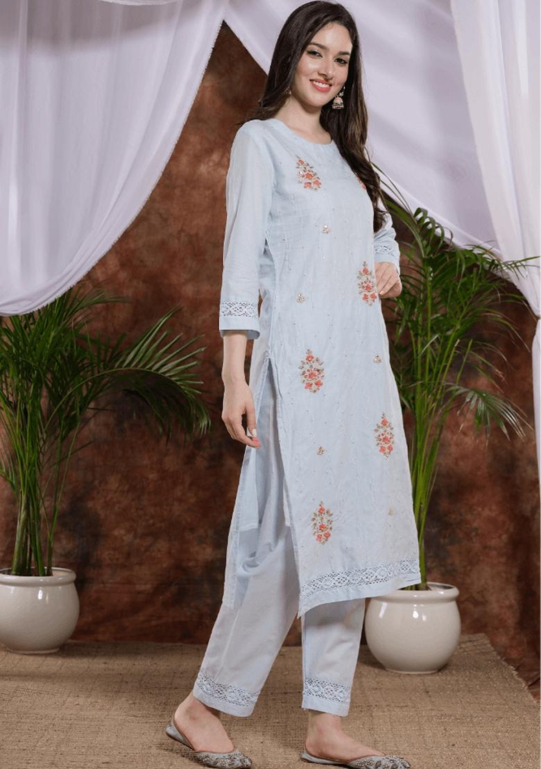Sea Blue Embroidered Pure Cotton Kurta Set