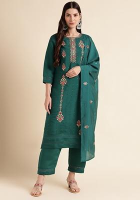Green Embroidered Silk Cotton Kurta Set