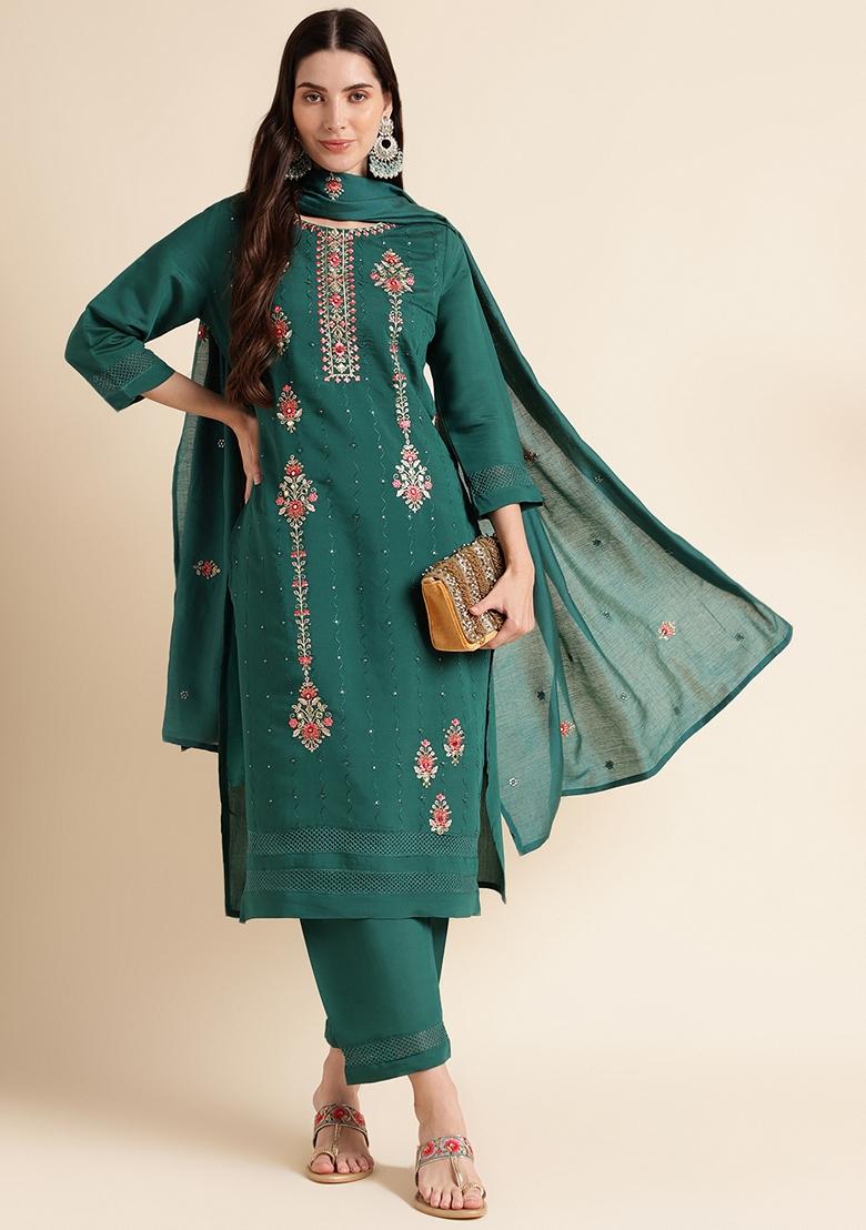 Green Embroidered Silk Cotton Kurta Set