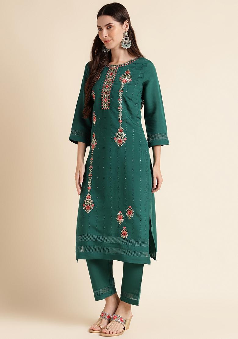 Green Embroidered Silk Cotton Kurta Set