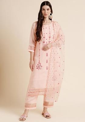 Peach Embroidered Silk Cotton Kurta Set