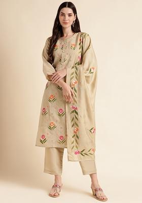 Pista Green Embroidered Silk Cotton Kurta Set