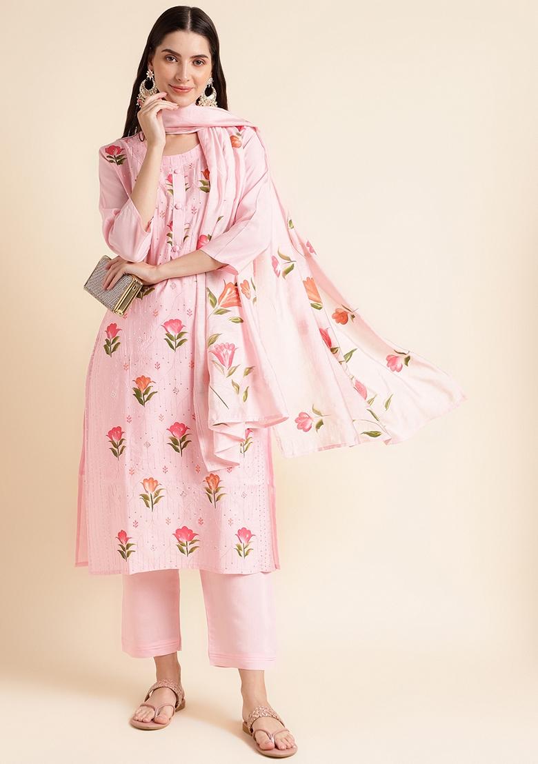 Light Pink Embroidered Silk Cotton Kurta Set