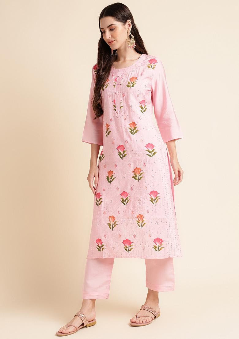 Light Pink Embroidered Silk Cotton Kurta Set