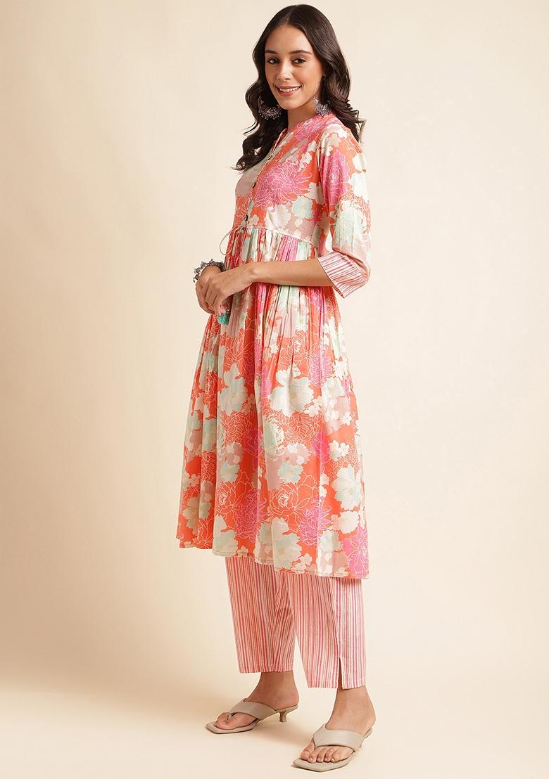 Orange And Multicolour Printed Cotton Kurta Set