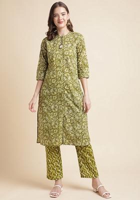 Green Printed Cotton Kurta Set